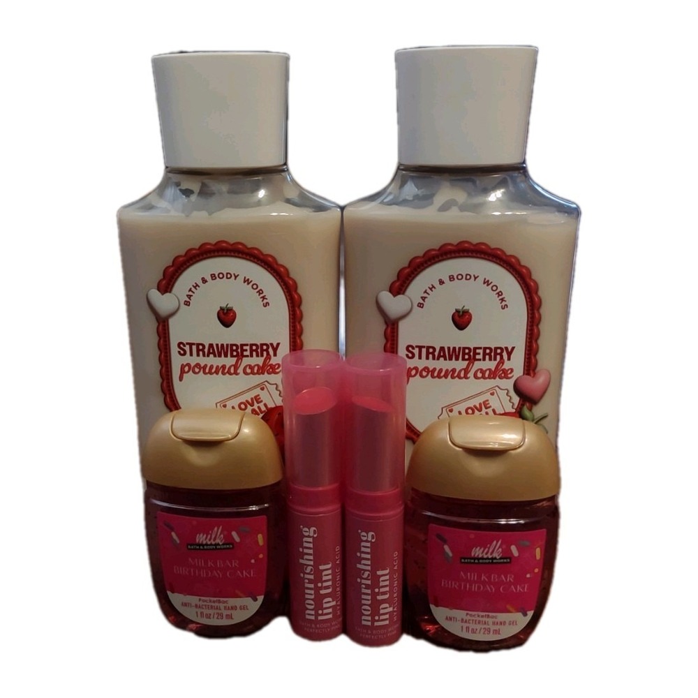 Bath And Body Works Strawberry Pound Cake Bundle, Lotion, Hand Gel, And Lip Tint